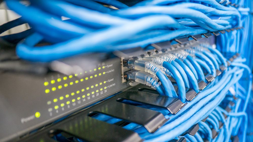 A bunch of blue wires are connected to a server in a data center.